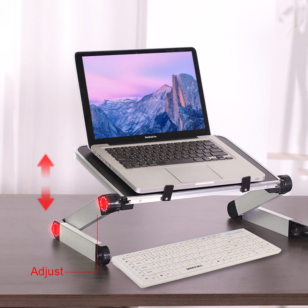 Foldable laptop stand ergonomic adjustable desk and tablet holder in black and white