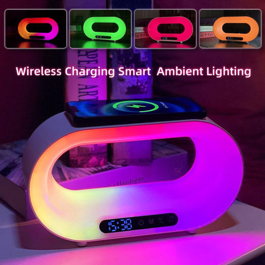 Multi-function 3 in 1 LED night light with wireless charger, alarm clock, and app-controlled RGB atmosphere lamp