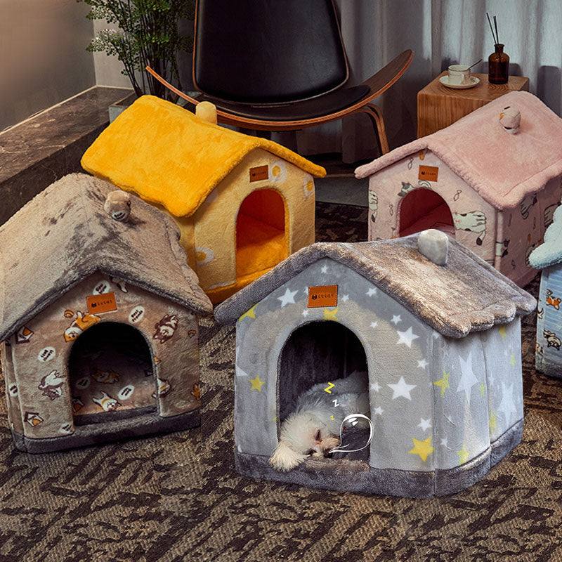 Foldable gray star pattern dog house with removable warm plush bed for pets