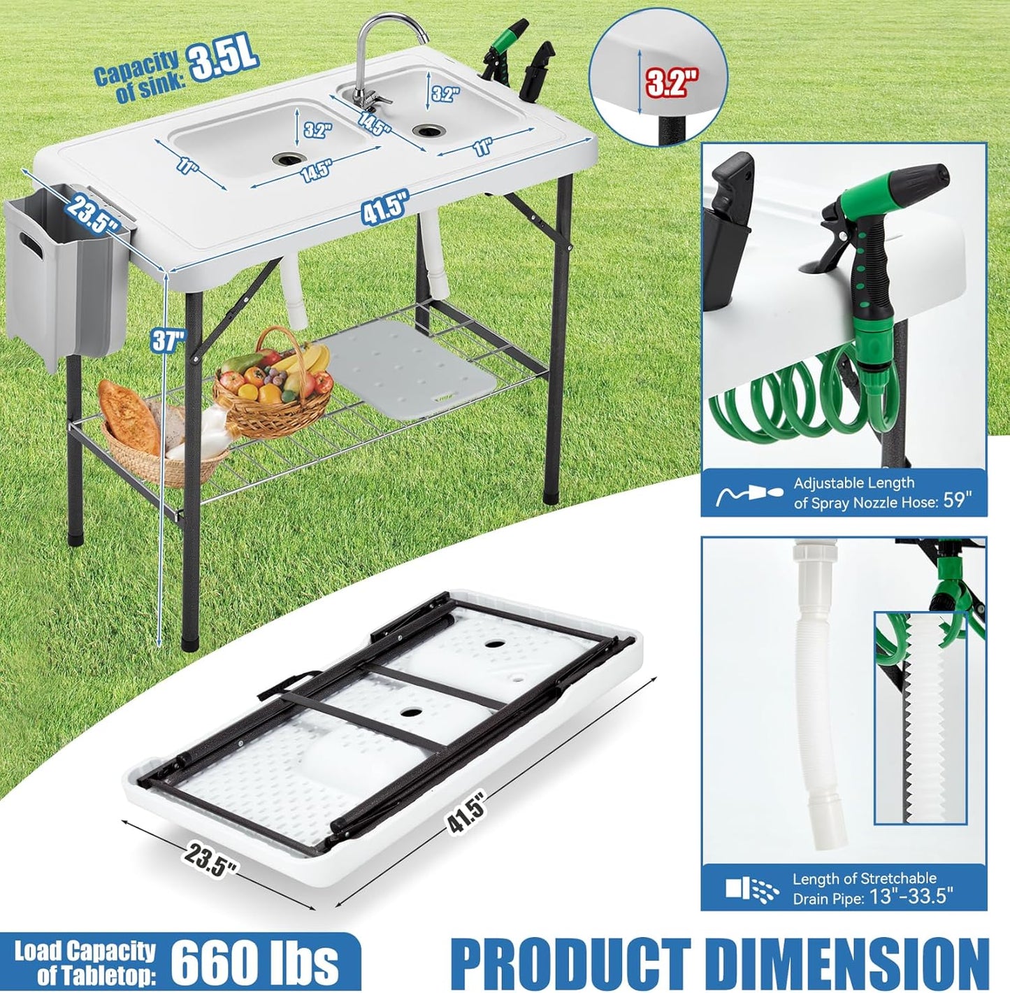 42.5-Inch Portable Camping Sink Table