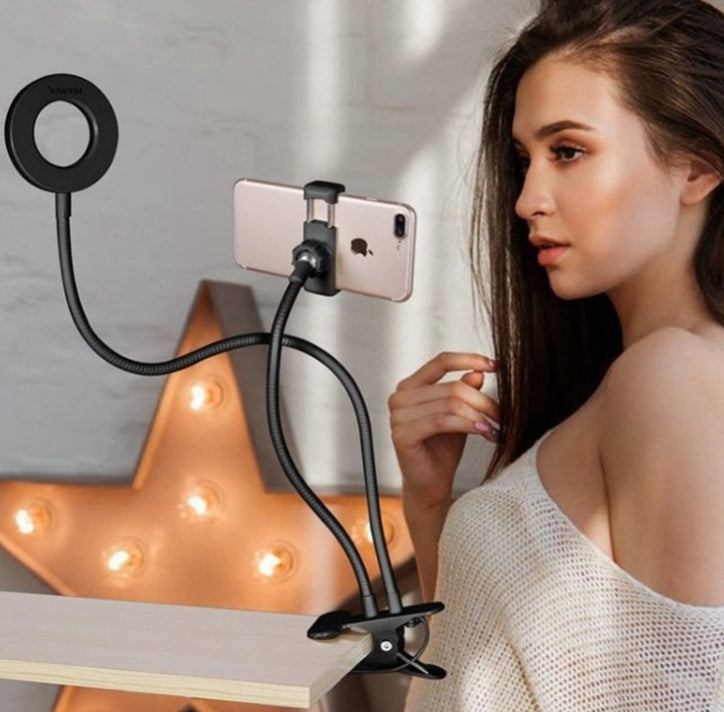 LED Selfie Ring Light with adjustable 8cm stand, clamp, 3 light colors, 10 brightness levels, USB powered, and universal phone holder for makeup and live streaming