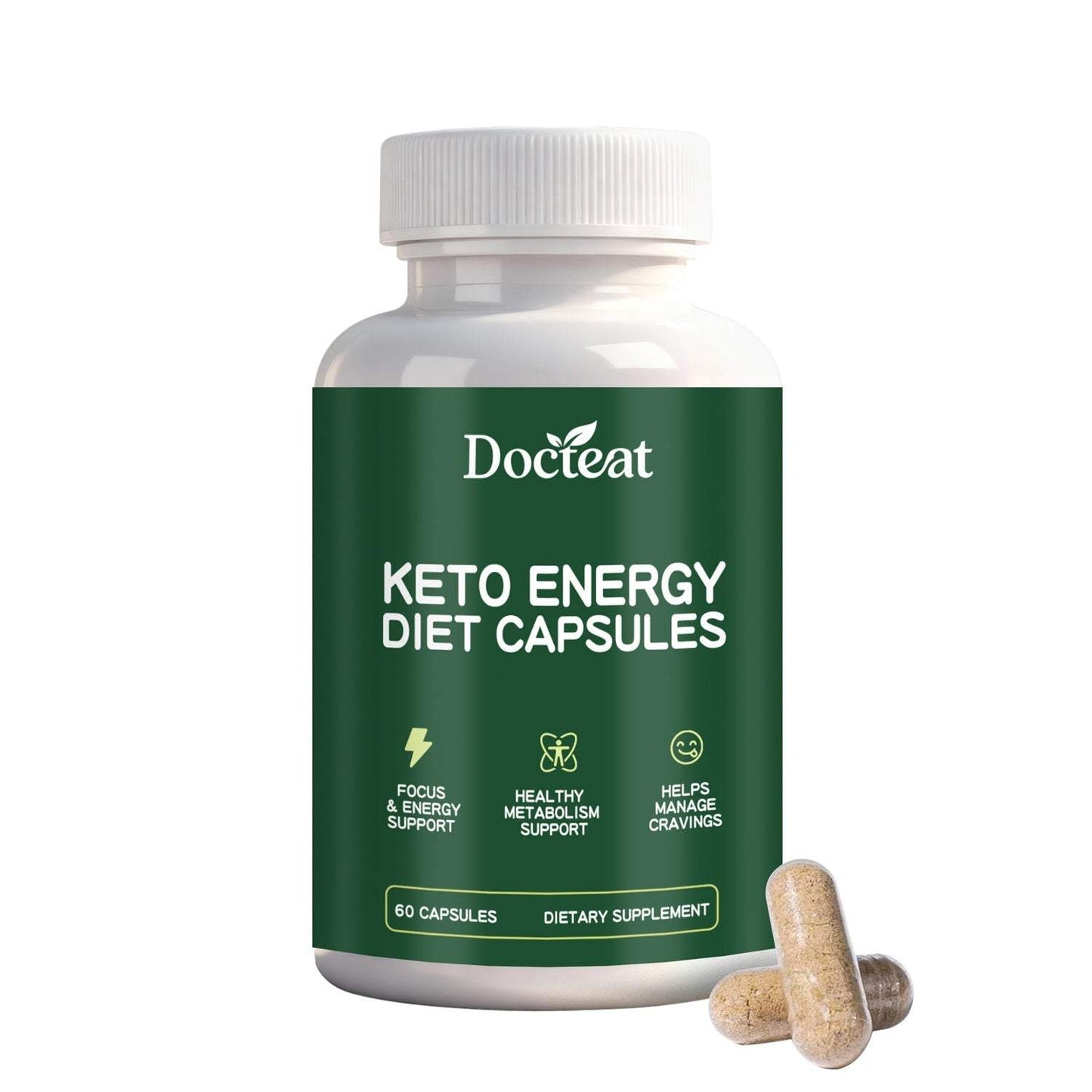 Bottle of dietary supplement capsules with natural ingredient labels