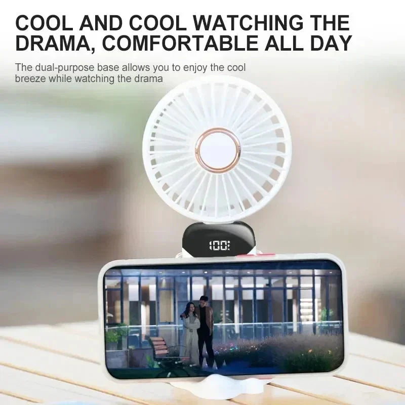 5-Speed Foldable Neck Fan with Phone Stand – USB-C Rechargeable Mini Fan, 1800mAh Battery & Display Screen for Hands-Free Cooling