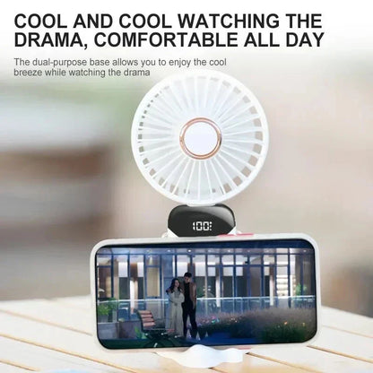 5-Speed Foldable Neck Fan with Phone Stand – USB-C Rechargeable Mini Fan, 1800mAh Battery & Display Screen for Hands-Free Cooling