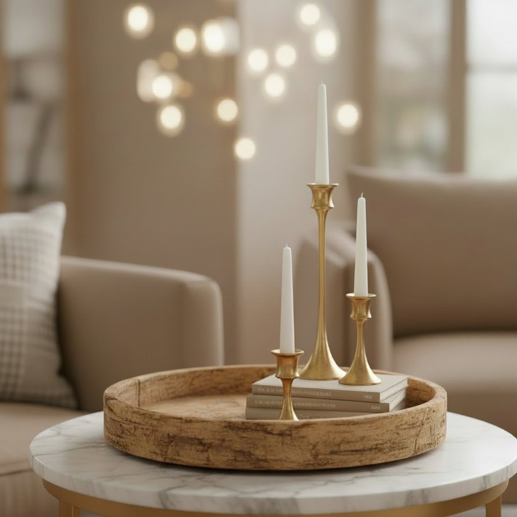 Round Wooden Tray with Candle Holder