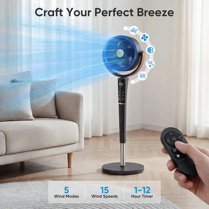 Quiet Bedroom Pedestal Fan with Remote, 20dB DC Air Circulator, 15 Speeds, 5 Modes & 120° Oscillation Dream Voice